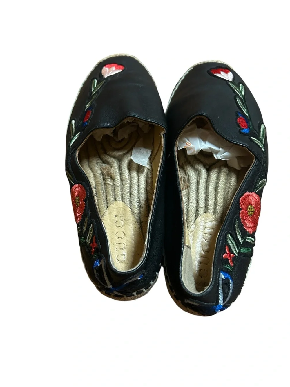 Gucci Black Embroidered Floral Espadrille Slip-Ons